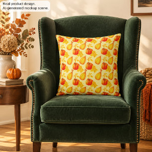 Pumpkins and Fall Leaves Harvest Pattern Throw Pillow