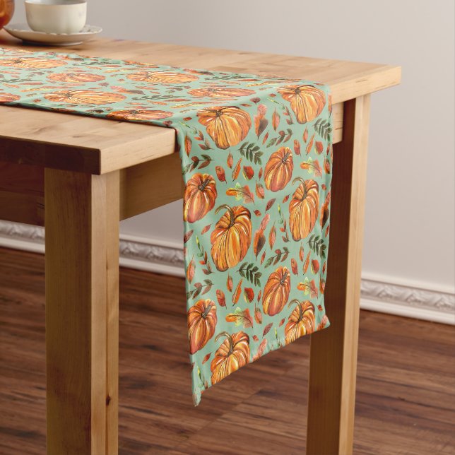 Pumpkins and Fall Leaves Sage Green Long Table Runner (In Situ)
