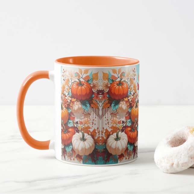 Pumpkins and Flowers on Vine - Whimsical Autumn De Mug (With Donut)
