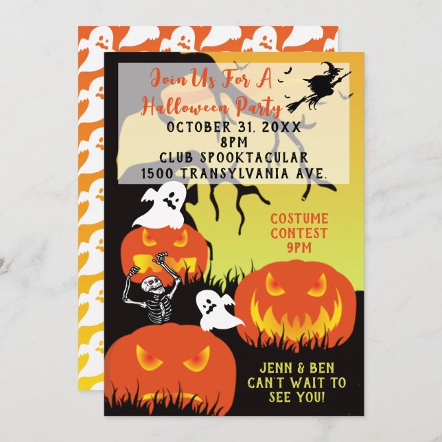 Pumpkins And Ghosts Join Us For A Halloween Party Invitation (Front/Back)