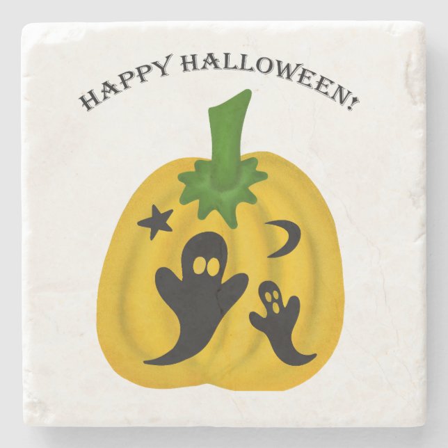 Pumpkins and ghosts stone coaster (Front)