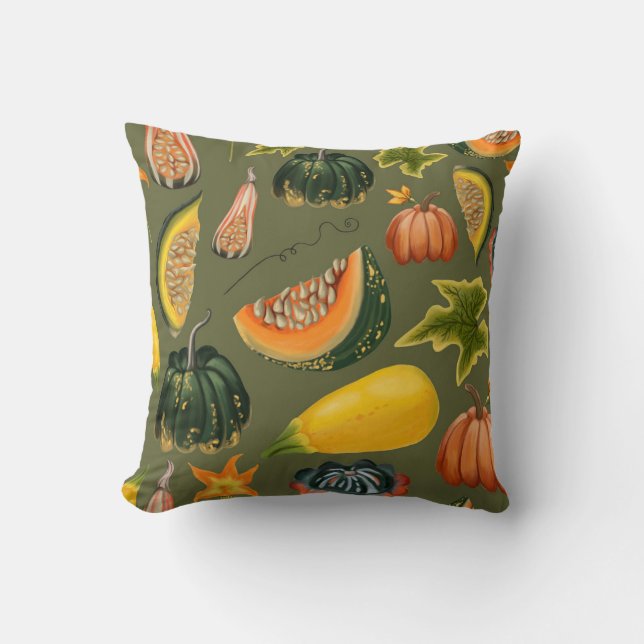 Pumpkins and Leaves: Autumn Greenery Throw Pillow (Front)