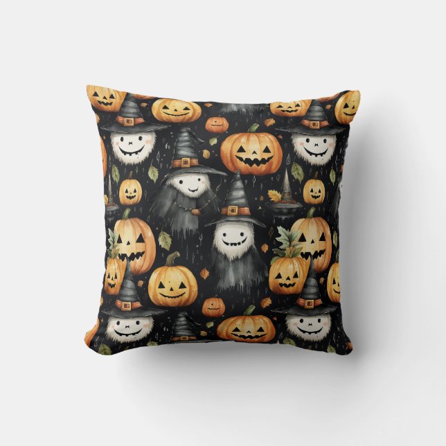 Pumpkins and Monsters Halloween  Throw Pillow (Front)
