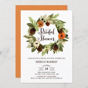 Pumpkins and Pinecones Wreath Fall Bridal Shower Invitation