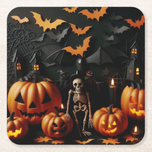Pumpkins and skeleton square paper coaster