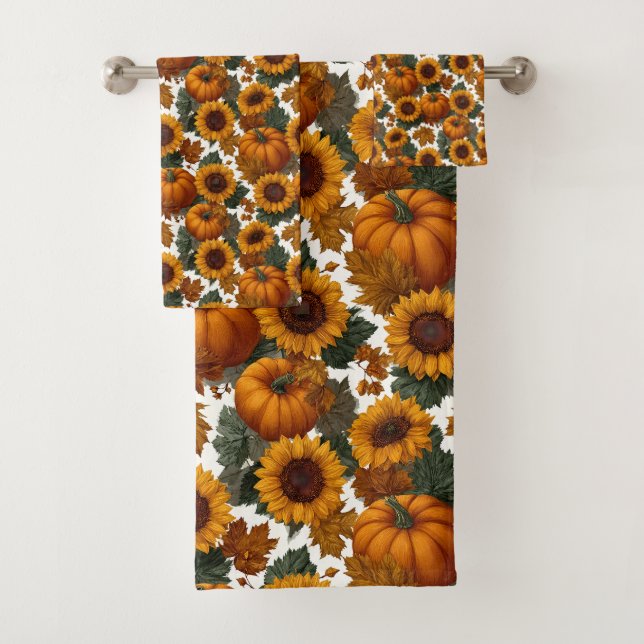 Pumpkins and Sunflowers Autumn Pattern Bath Towel Set (Insitu)