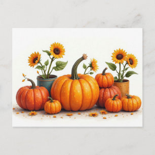 Pumpkins and sunflowers, the colours of autumn, postcard