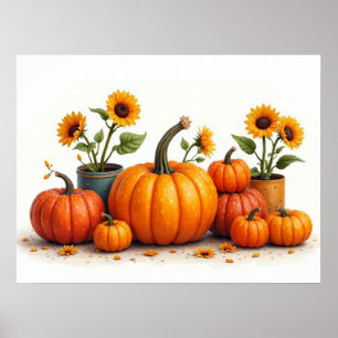 Pumpkins and sunflowers, the colours of autumn, poster