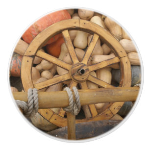 Pumpkins and Wheel of the rural wooden cart Ceramic Knob