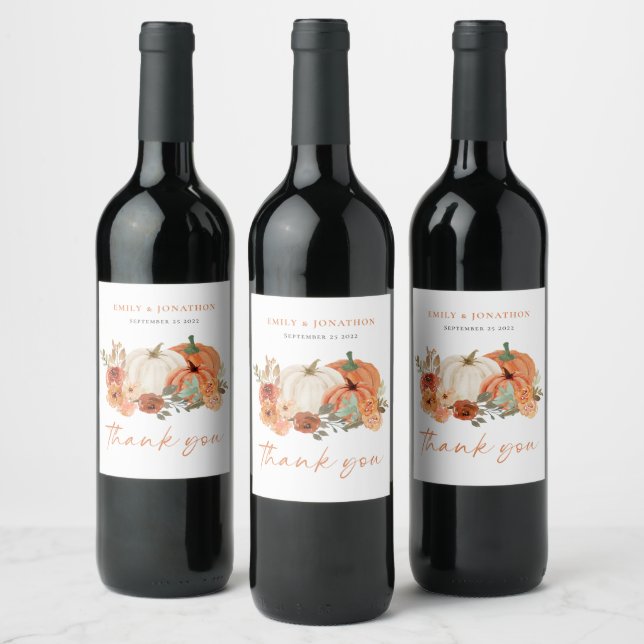 Pumpkins Autumn Florals Names Wedding Thank You  Wine Label (Bottles)