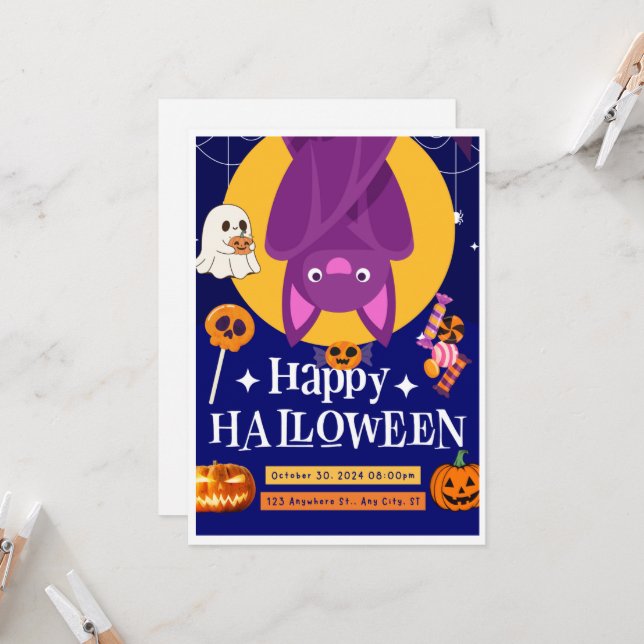Pumpkins & Bats Halloween Bash – Custom Invitation (Front/Back In Situ)