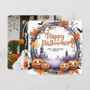 Pumpkins Bats Watercolor Happy Halloween Card