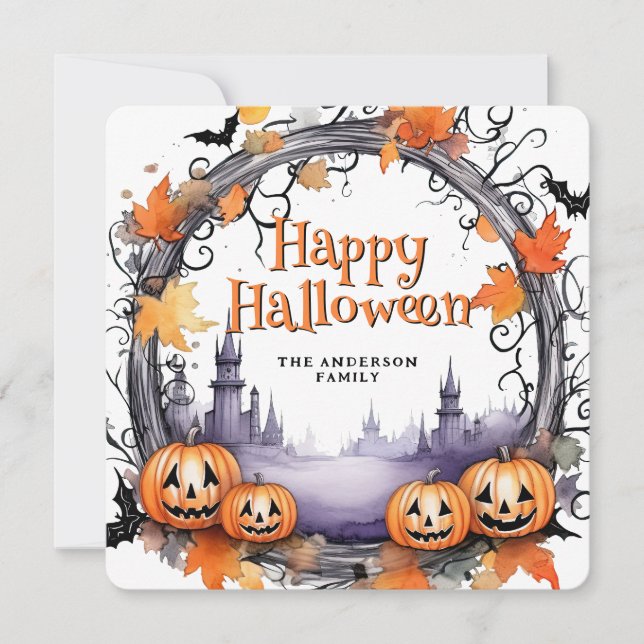 Pumpkins Bats Watercolor Happy Halloween Card (Front)