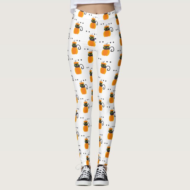 Pumpkins, Black Cat & Eyeballs, Halloween Pattern Leggings (Front)