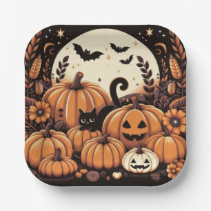 Pumpkins, Black Cats, Bats and a Full Moon Paper Plate
