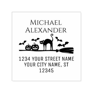 Pumpkins Broom Bats Cat Halloween Name Address Self-inking Stamp