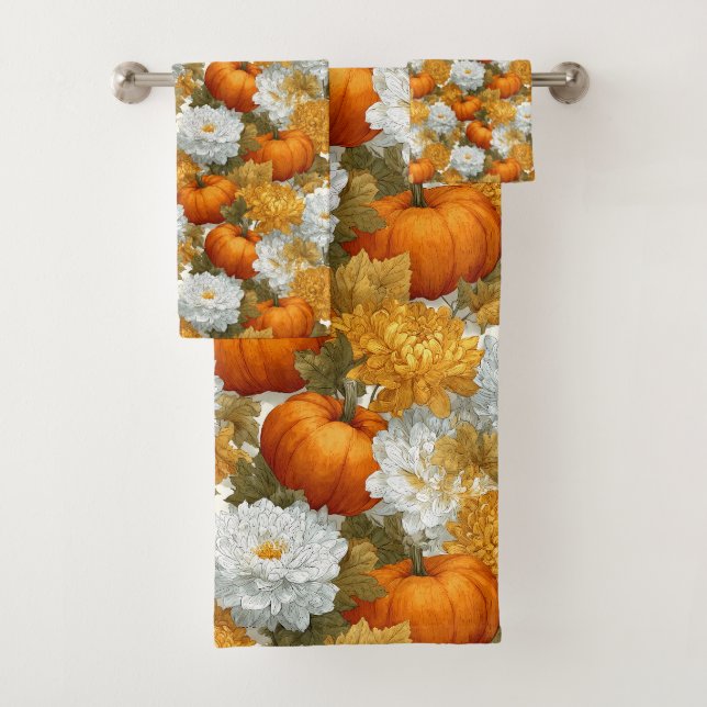 Pumpkins & Chrysanthemums Fall Design Bath Towel Set (Insitu)