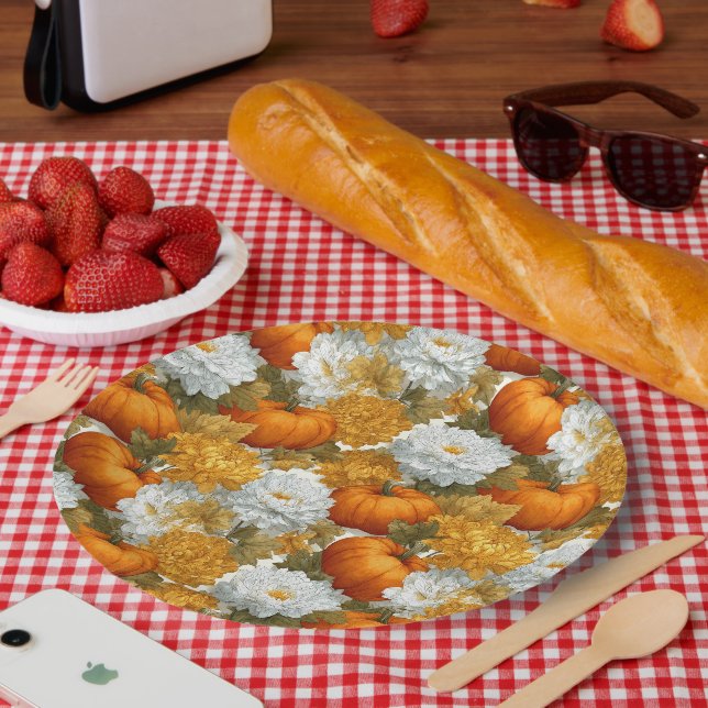 Pumpkins & Chrysanthemums Fall Design Paper Plate (Picnic)