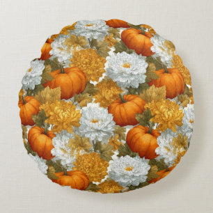 Pumpkins & Chrysanthemums Fall Design Round Pillow