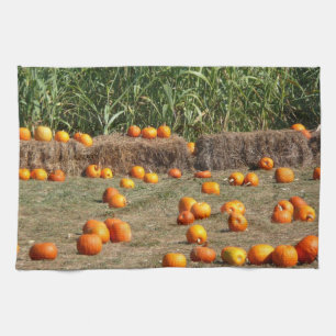 Pumpkins, Corn and Hay Autumn Harvest Photography Kitchen Towel