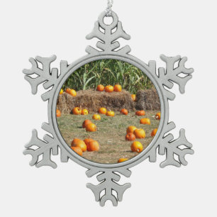 Pumpkins, Corn and Hay Autumn Harvest Photography Snowflake Pewter Christmas Ornament