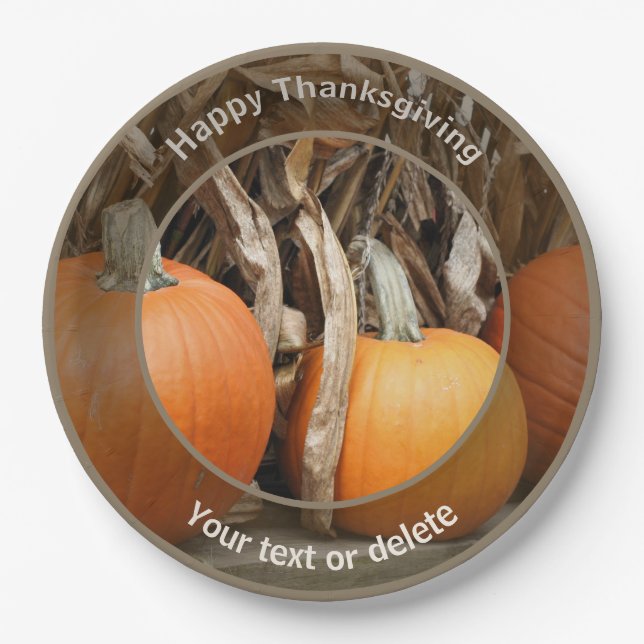 Pumpkins Cornstalks Personalized Fall Thanksgiving Paper Plate (Front)