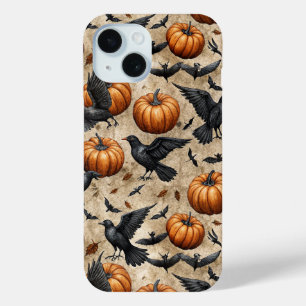 Pumpkins, Crows, and Bats Halloween Pattern iPhone 15 Case
