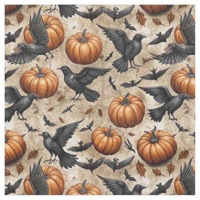 Pumpkins, Crows, and Bats Halloween Pattern Fabric (Close Up)