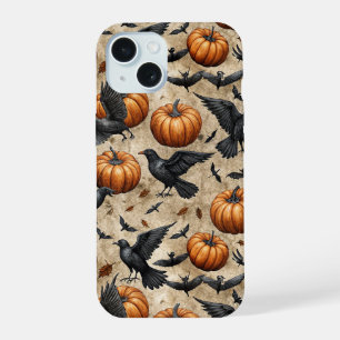 Pumpkins, Crows, and Bats Halloween Pattern iPhone 15 Case