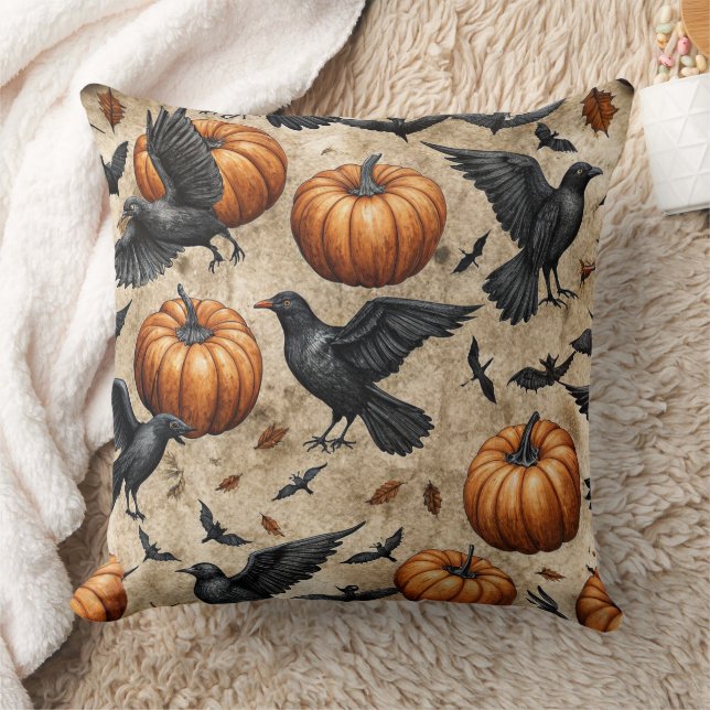 Pumpkins, Crows, and Bats Halloween Pattern Throw Pillow (Blanket)