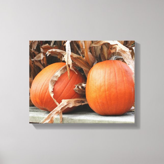 Pumpkins Dried Corn Stalks Autumn Canvas Print (Front)