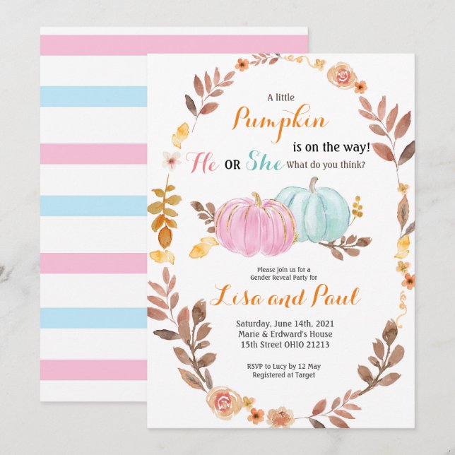 Pumpkins Fall Gender Reveal Pink Blue Invitation (Front/Back)
