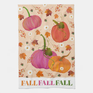 Pumpkins Fall Leaves Pattern Kitchen Towel