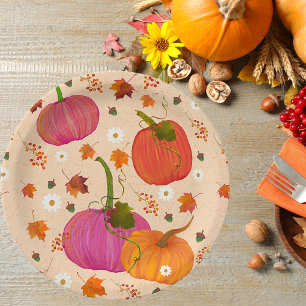  Pumpkins Fall Leaves Pattern Paper Plate
