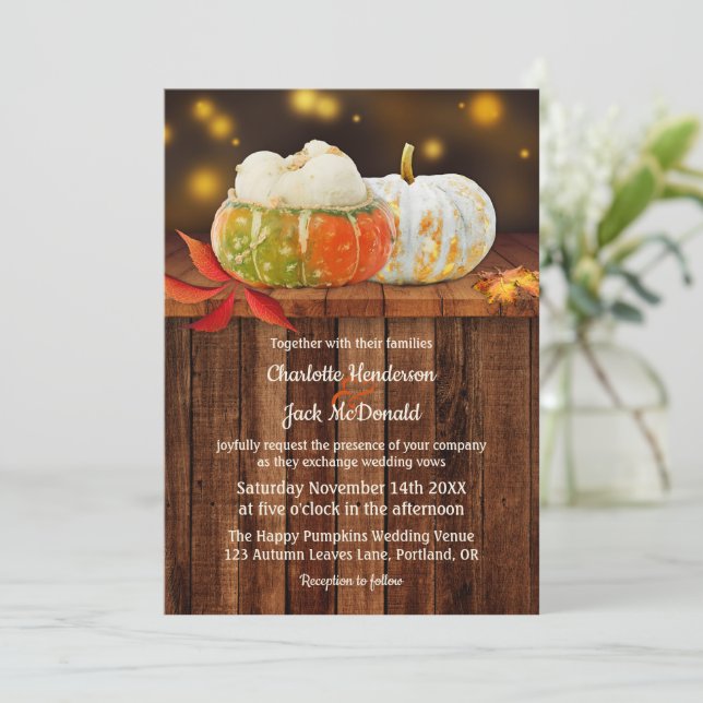 Pumpkins Fall Leaves Rustic Wedding Invitation (Standing Front)