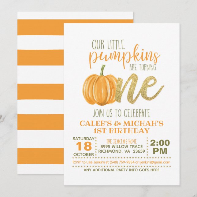 Pumpkins First Birthday Invitation - Boy - Twins (Front/Back)