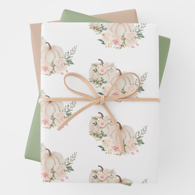 Pumpkins Floral Fall Beige Sage Wrapping Paper Sheet (In situ)