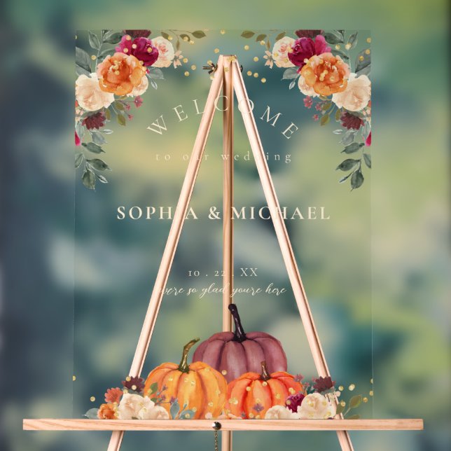 Pumpkins Florals Fall Wedding Welcome Acrylic Sign (Neutral)