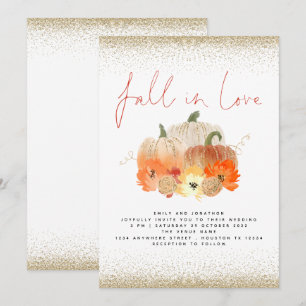 Pumpkins Florals Gold Glitter Fall in Love Wedding Invitation