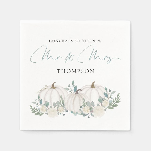 Pumpkins Florals Script Congrats Mr Mrs Wedding Napkin (Front)