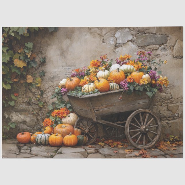 Pumpkins, Flowers, and Leaves in a Wheelbarrow Tissue Paper (Front)