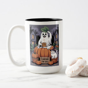 Pumpkins For Sale & Caffeine Ghost & Cat V2 Two-Tone Coffee Mug