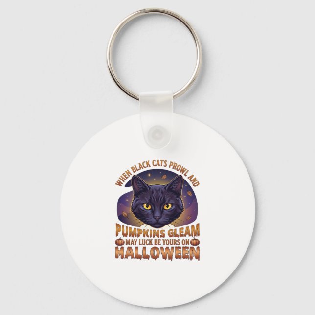 Pumpkins Gleam Halloween Black Cat Falling Leaves_ Keychain (Front)
