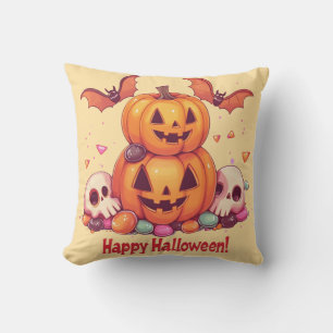 Pumpkins Halloween cute 🎃 and fun candy Throw Pillow
