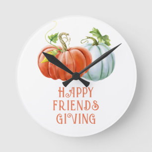 Pumpkins Happy Friendsgiving burnt orange fall Round Clock