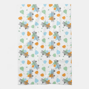 Pumpkins In A Wagon Pattern Blue Orange Kitchen Towel