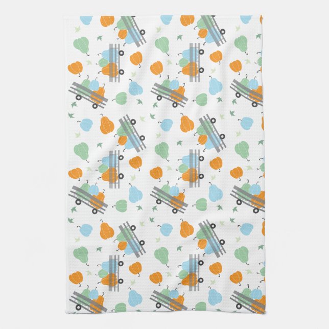 Pumpkins In A Wagon Pattern Blue Orange Kitchen Towel (Vertical)