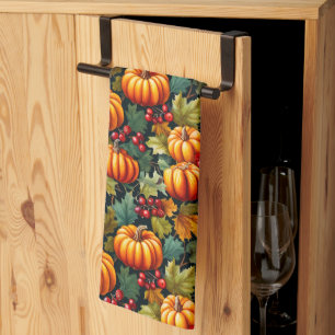 Pumpkins in the Leaves with Berries Kitchen Towel