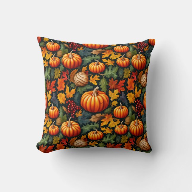 Pumpkins in the Leaves with Berries Throw Pillow (Front)
