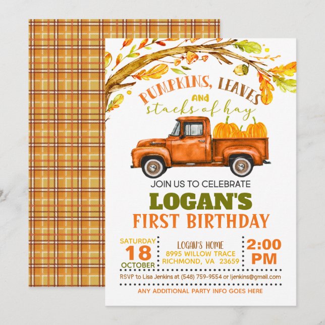 Pumpkins, Leaves and Stacks of Hay Birthday Invitation (Front/Back)